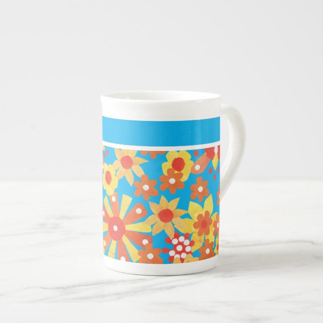 Stylish Bone China Mug, Ditzy Orange Flowers Bone China Mug (Front Right)