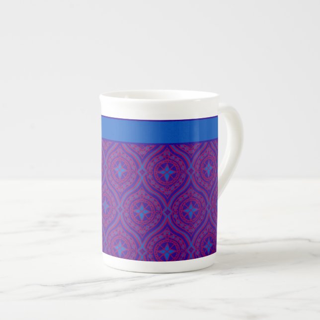 Stylish Bone China Mug, Purple, Blue Ogee Pattern Bone China Mug (Front Right)