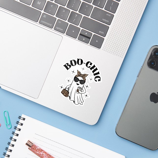 Stylish Boo-Chic Ghost with Leopard Print & Coffee (Laptop w/ iPhone)