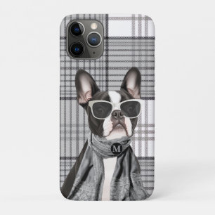 Stylish Boston Terrier Dog and Plaid Monogram Case-Mate iPhone Case