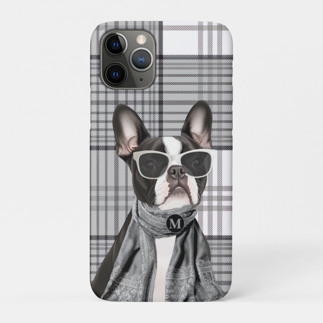Stylish Boston Terrier Dog and Plaid Monogram Case-Mate iPhone Case (Back)