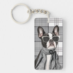 Stylish Boston Terrier Dog and Plaid Monogram Key Ring