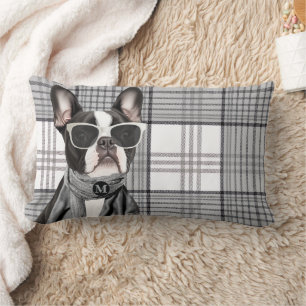 Stylish Boston Terrier Dog and Plaid Monogram Lumbar Cushion
