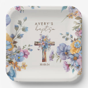 Stylish Botanical Baptism cross elegant Paper Plate