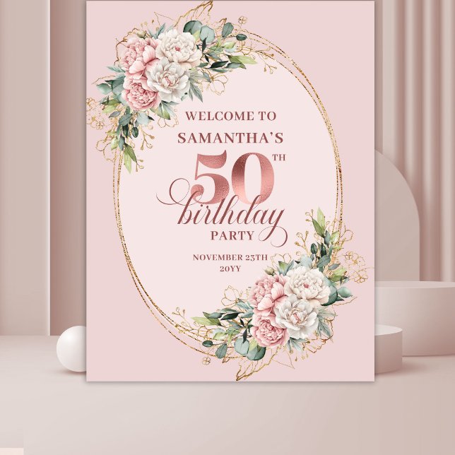 Stylish Botanical Blush 50th Birthday Backdrop Tapestry (Stylish Botanical Blush 50th Birthday Backdrop)