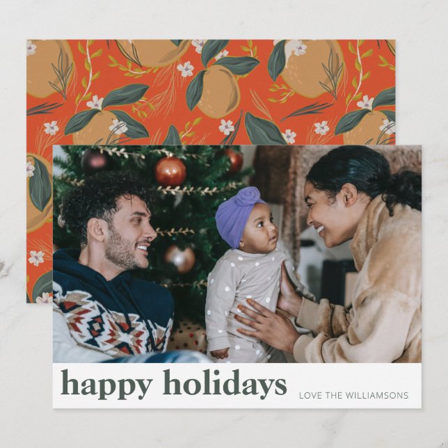 Stylish Botanical Fruit Red Green Wide Photo Holiday Card (Front/Back)