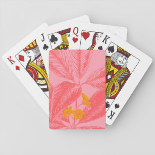 Stylish Botanical Leaf Nature Art in Pink and Red Playing Cards