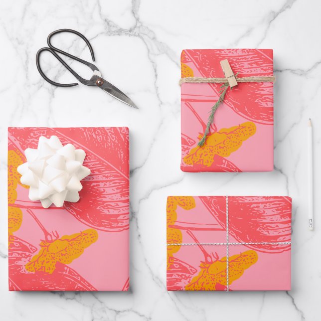 Stylish Botanical Leaf Nature Art in Pink and Red Wrapping Paper Sheet (Front)