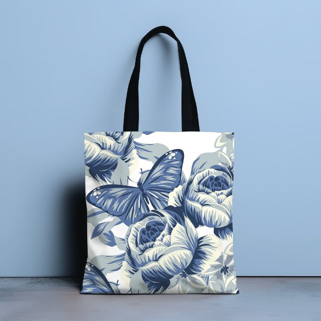 Stylish Botanical Vintage Blue Peony Flowers Tote Bag (Creator Uploaded)