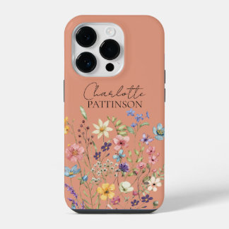 Stylish Botanical Wildflower Monogram Peach iPhone 14 Pro Case