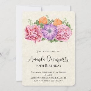 Stylish Bouquet of Watercolor Flowers Birthday Invitation