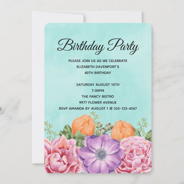Stylish Bouquet of Watercolor Flowers Birthday Invitation (Front)