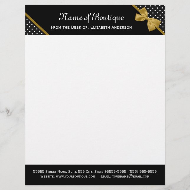 Stylish Boutique Polka Dots Elegant Gold Ribbon Personalised Letterhead (Front)