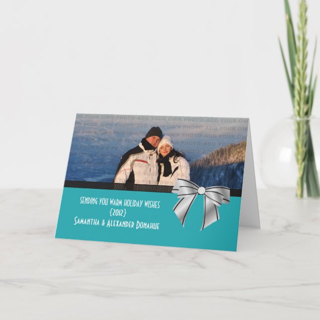 Stylish Bow Holiday Greeting Card, Aqua Card (Front)
