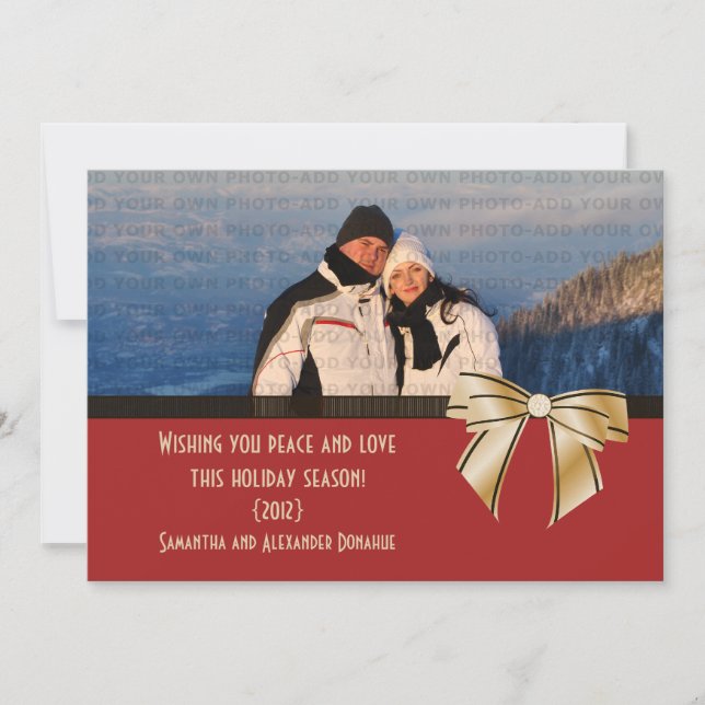Stylish Bow Holiday Photo Flat Card, Red Card (Front)