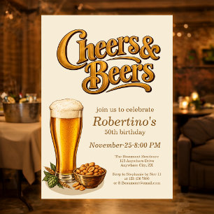 Stylish Brass Vintage Cheers & Beers 50th Birthday Invitation
