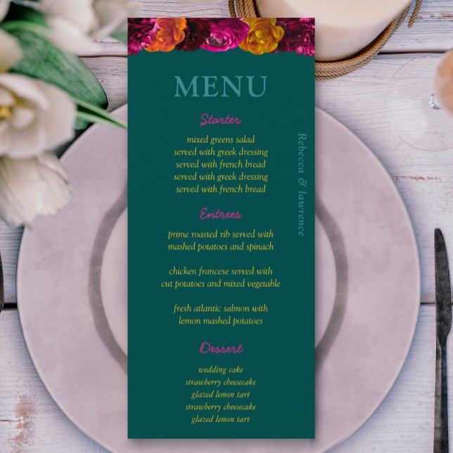 Stylish bright green yellow pink floral wedding  menu (Creator Uploaded)