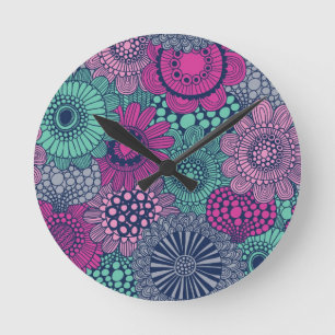 Stylish bright pattern of gorgeous flowers round clock