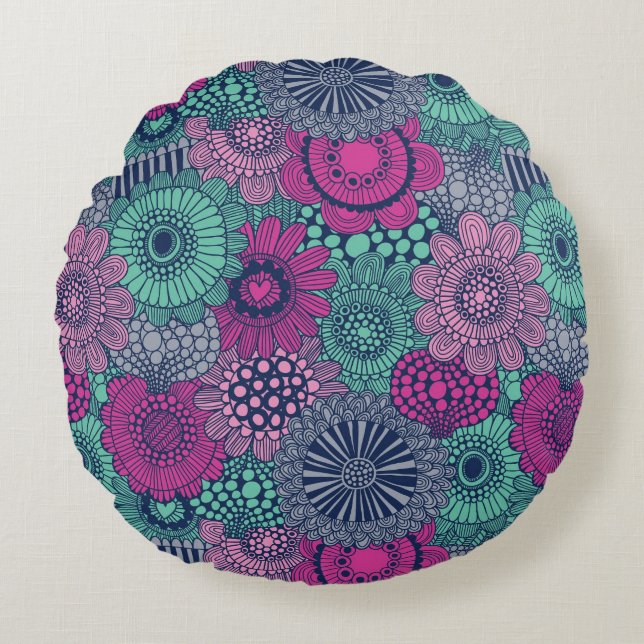 Stylish bright pattern of gorgeous flowers round cushion (Front)
