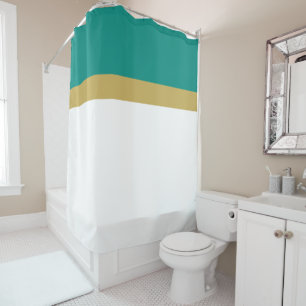 Stylish Bright White Teal Matte Golden Tan Stripes Shower Curtain