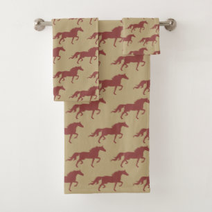Stylish Brown Bay Horse Silhouettes on Beige Bath Towel Set