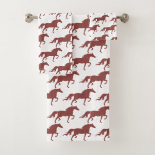 Stylish Brown Bay Horse Silhouettes on White Bath Towel Set