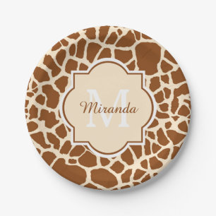 Stylish Brown Giraffe Print Monogram and Name Paper Plate