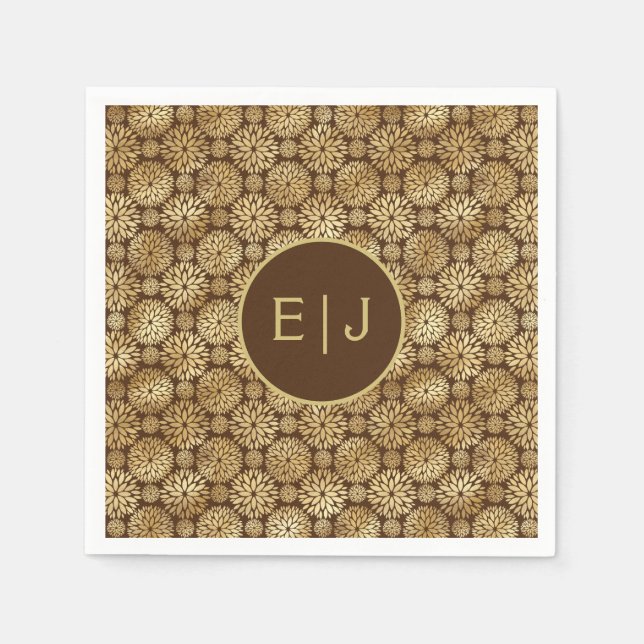 Stylish Brown & Gold Dahlias Pattern Monogram  Napkin (Front)