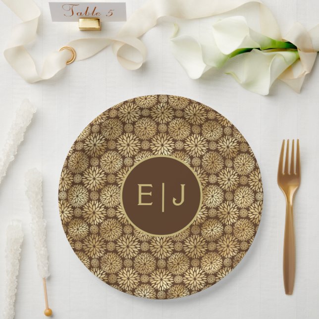 Stylish Brown & Gold Dahlias Pattern Monogram  Paper Plate (Wedding)