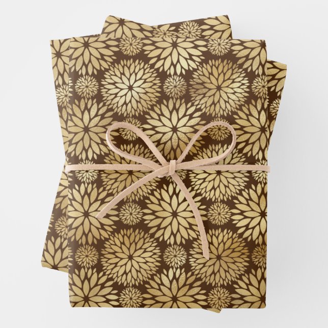 Stylish Brown & Gold Dahlias Pattern  Wrapping Paper Sheet (In situ)