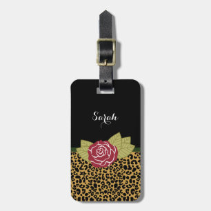 Stylish Brown Gold Leopard Print Red Rose and Name Luggage Tag