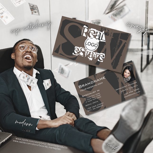 Stylish Brown Grey White with Photo Logo Monogram Business Card (Creator Uploaded)