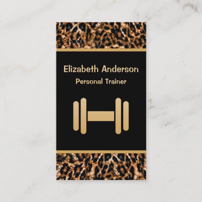 Stylish Brown Leopard Print Personal Trainer Business Card (Front)