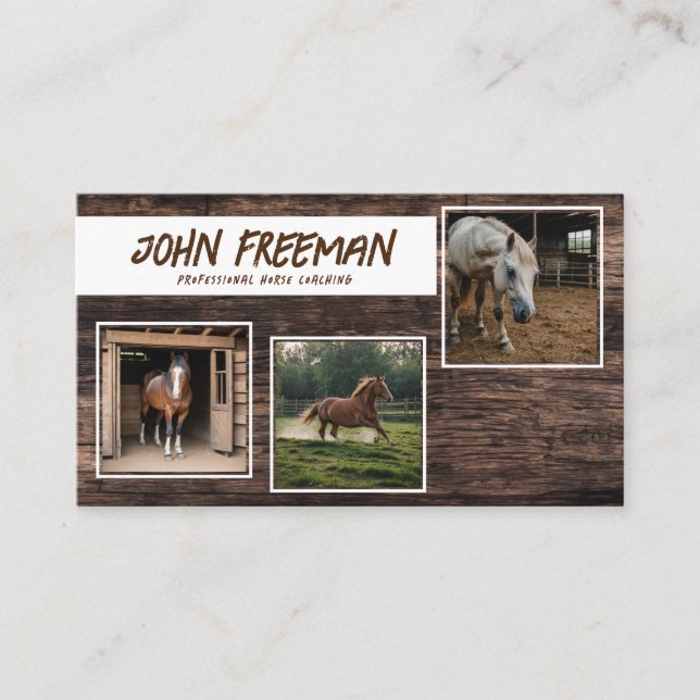 Stylish Brown Wood Horse Photos Equestrian Business Card (Front)