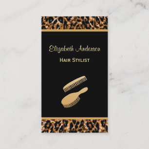 Stylish Brush Black and Gold Leopard Hair Salon Business Card