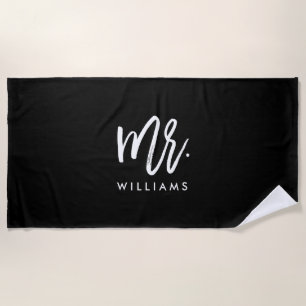 Stylish Brush Script "Mr Last Name" Beach Towel