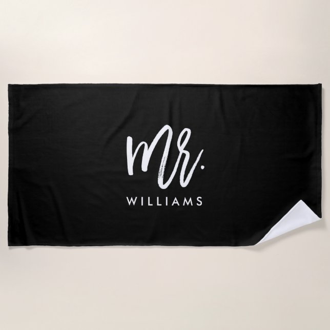 Stylish Brush Script "Mr Last Name" Beach Towel (Front)