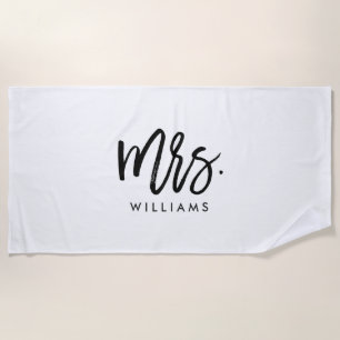 Stylish Brush Script "Mrs Last Name" Beach Towel