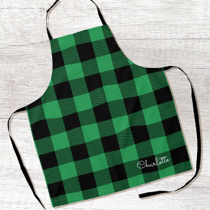 Stylish Buffalo Plaid Custom Name Script Green Apron