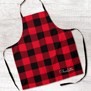 Stylish Buffalo Plaid Custom Name Script Red Apron