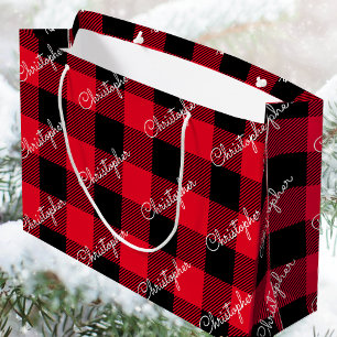 Stylish Buffalo Plaid Custom Name Script Red Large Gift Bag