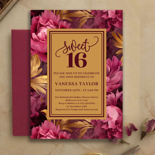 Stylish Burgundy Blush Roses Gold Sweet Sixteen  Invitation (Stylish Burgundy Blush Roses Gold Sweet Sixteen Invite

)