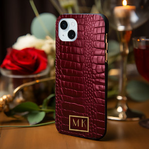 Stylish Burgundy Crocodile Leather Look Monogram iPhone 15 Plus Case