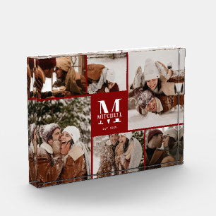 Stylish Burgundy Family Photo Collage Keepsake Block