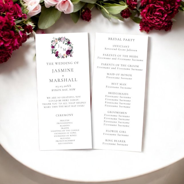 Stylish burgundy floral monogram wedding programme (wedding program burgandy floral monogram )