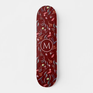 Stylish Burgundy Floral Watercolor MONOGRAM Skateboard