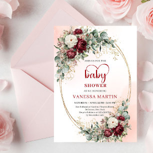 Stylish Burgundy Flowers Gold Baby Shower Invite