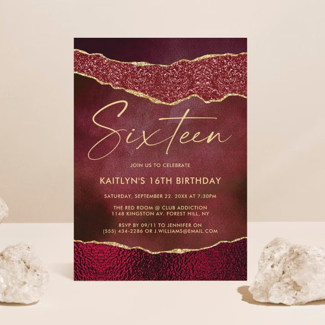 Stylish Burgundy & Gold Agate 16th Birthday Invitation (Creator Uploaded)