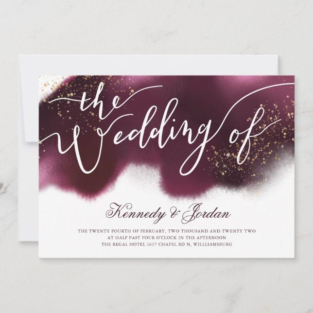 Stylish Burgundy Gold Glitter Typography Wedding Invitation (Front)