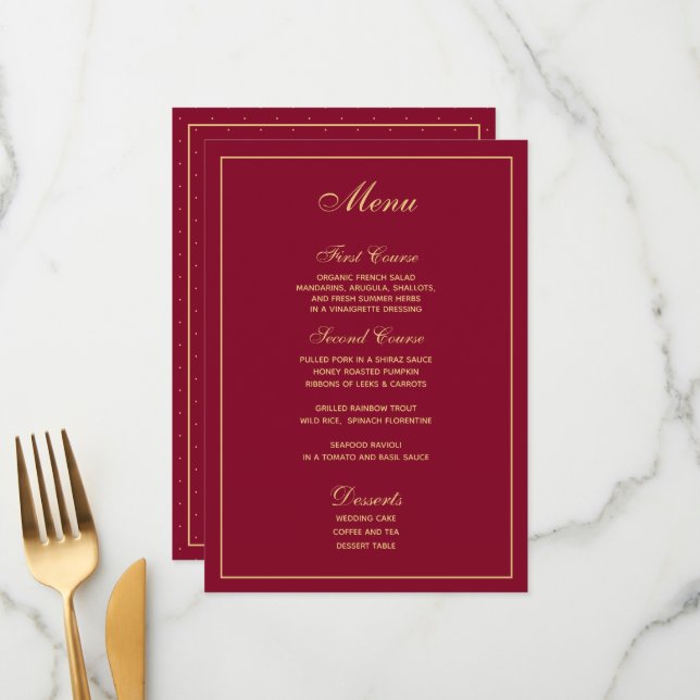 Stylish Burgundy Gold Script Wedding Menu (Front/Back In Situ)